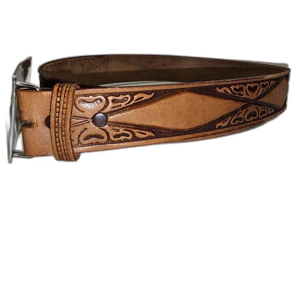 Looper Embossed Leather Belt w/ Bucking Bronco Nickel Silver Buckle 34\